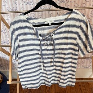 Madewell Navy and White Striped Lace-Up Tee